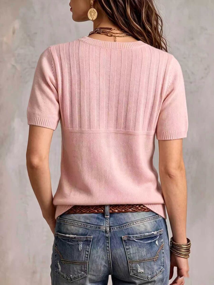 Marielle Textured Knit Half-Button Short Sleeve Sweater Top - Pink