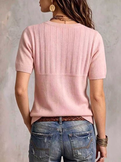Marielle Textured Knit Half-Button Short Sleeve Sweater Top - Pink