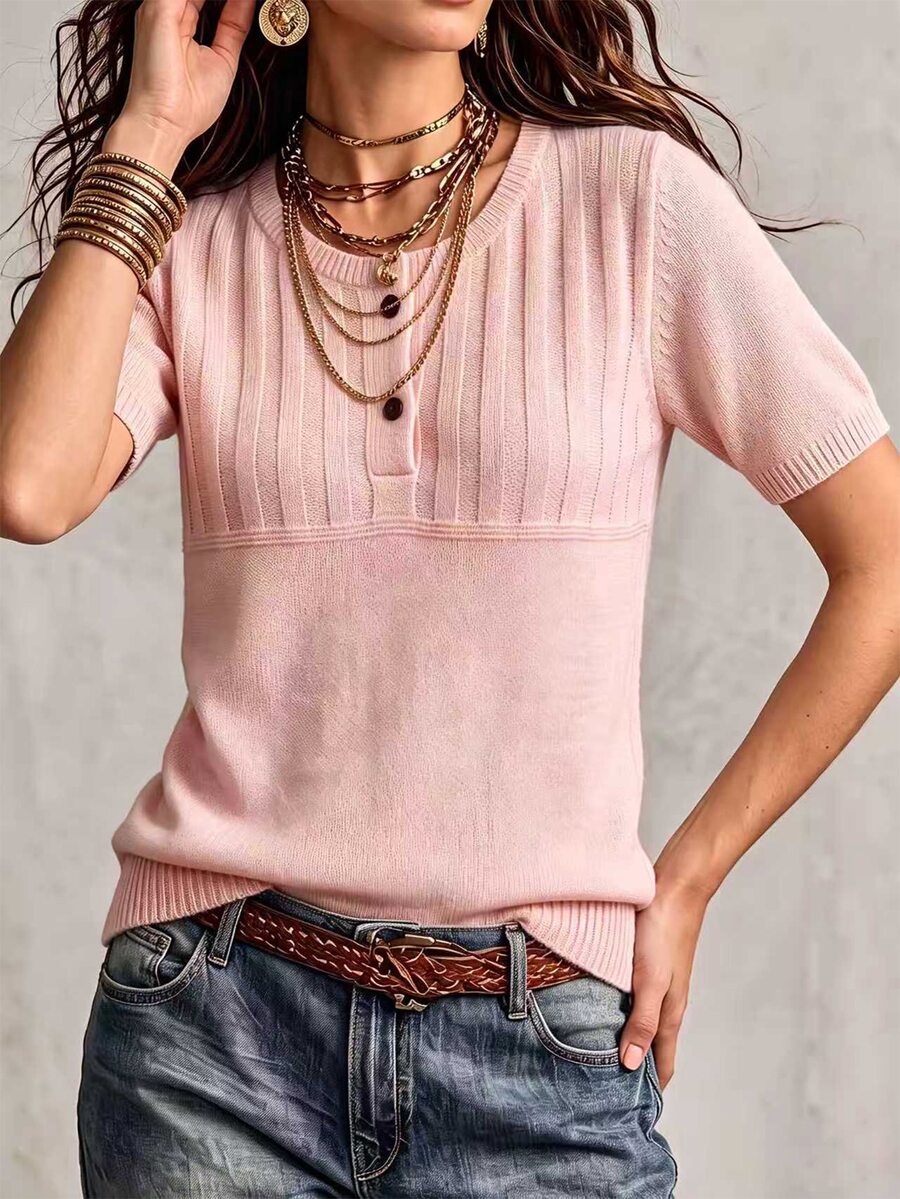 Marielle Textured Knit Half-Button Short Sleeve Sweater Top - Pink