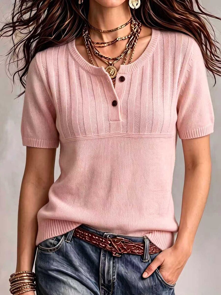 Marielle Textured Knit Half-Button Short Sleeve Sweater Top - Pink