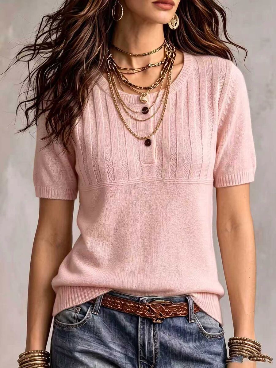 Marielle Textured Knit Half-Button Short Sleeve Sweater Top - Pink