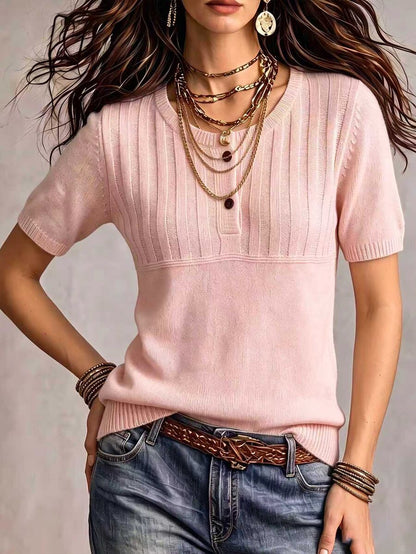 Marielle Textured Knit Half-Button Short Sleeve Sweater Top - Pink