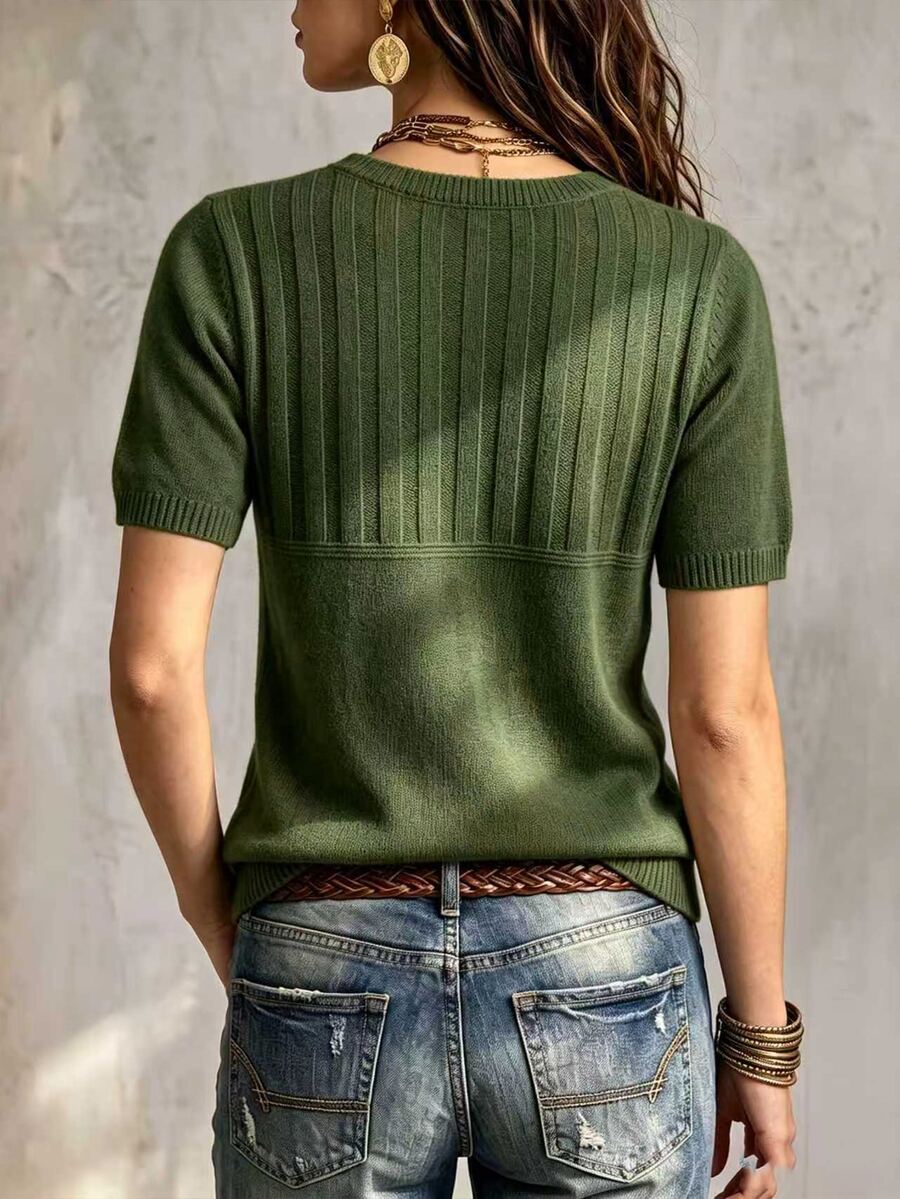 Marielle Textured Knit Half-Button Short Sleeve Sweater Top - Army Green