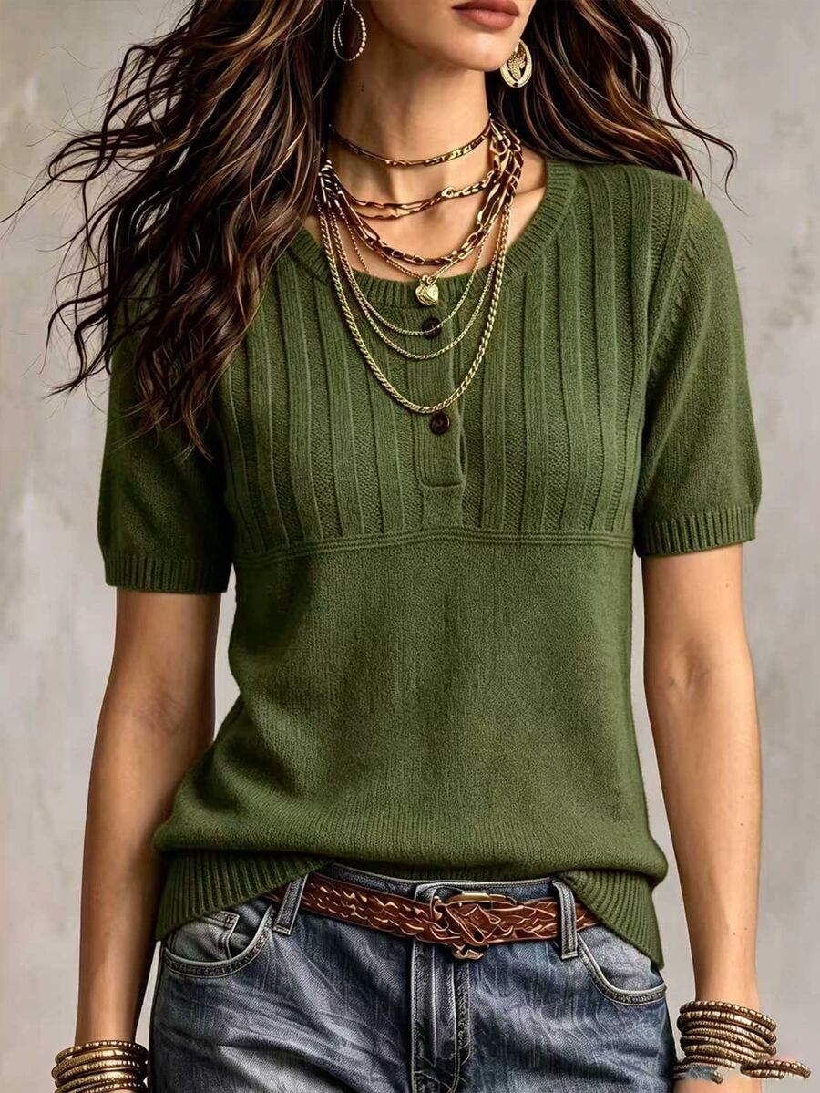 Marielle Textured Knit Half-Button Short Sleeve Sweater Top - Army Green