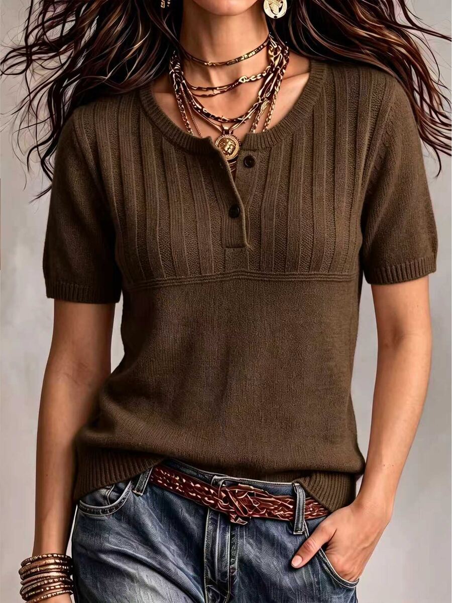 Marielle Textured Knit Half-Button Short Sleeve Sweater Top - Brown