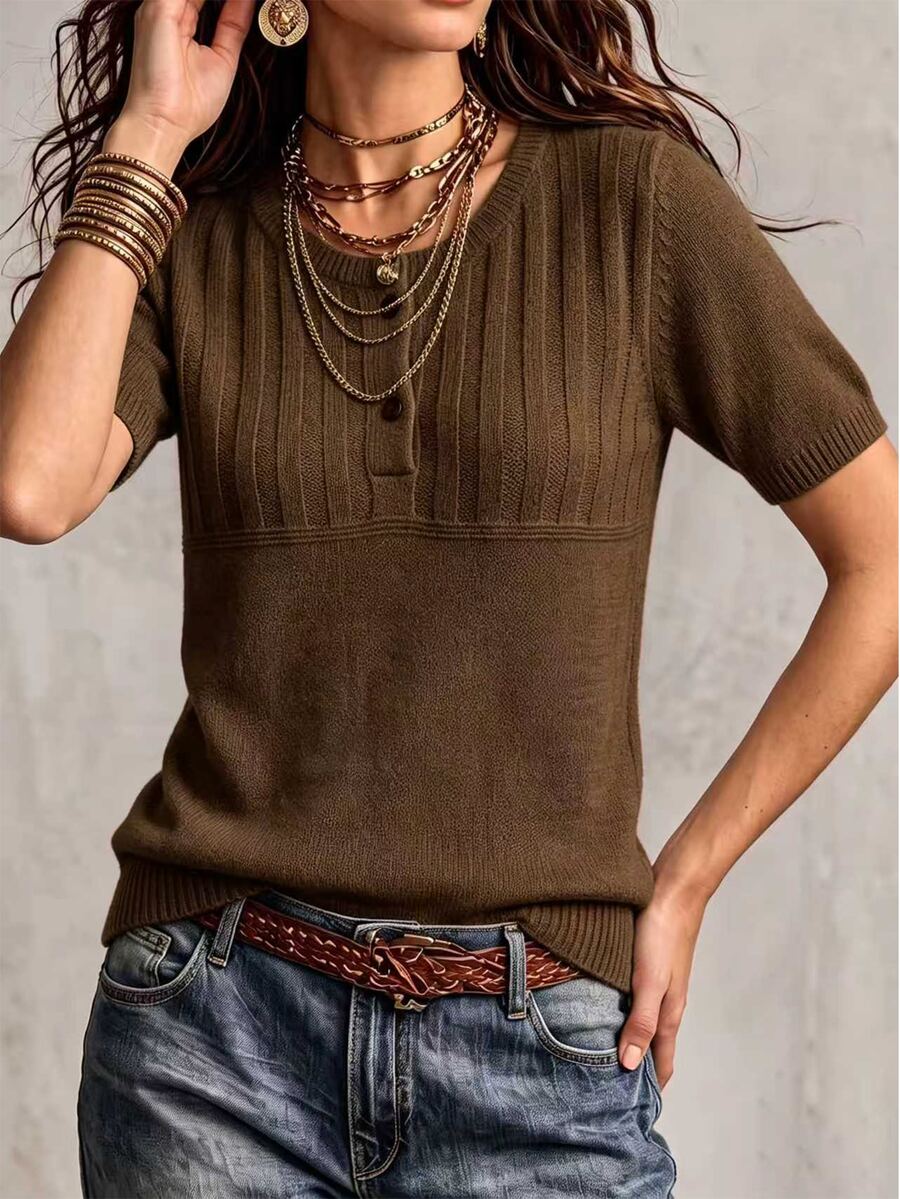 Marielle Textured Knit Half-Button Short Sleeve Sweater Top - Brown