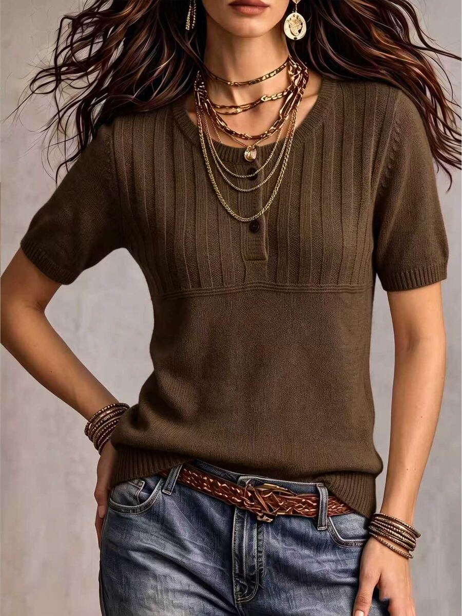 Marielle Textured Knit Half-Button Short Sleeve Sweater Top - Brown