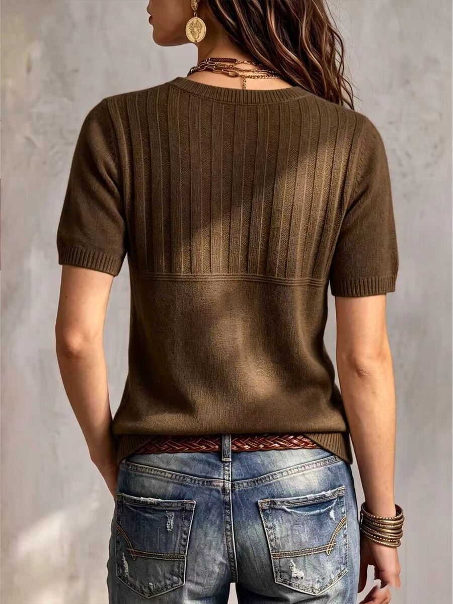 Marielle Textured Knit Half-Button Short Sleeve Sweater Top - Brown
