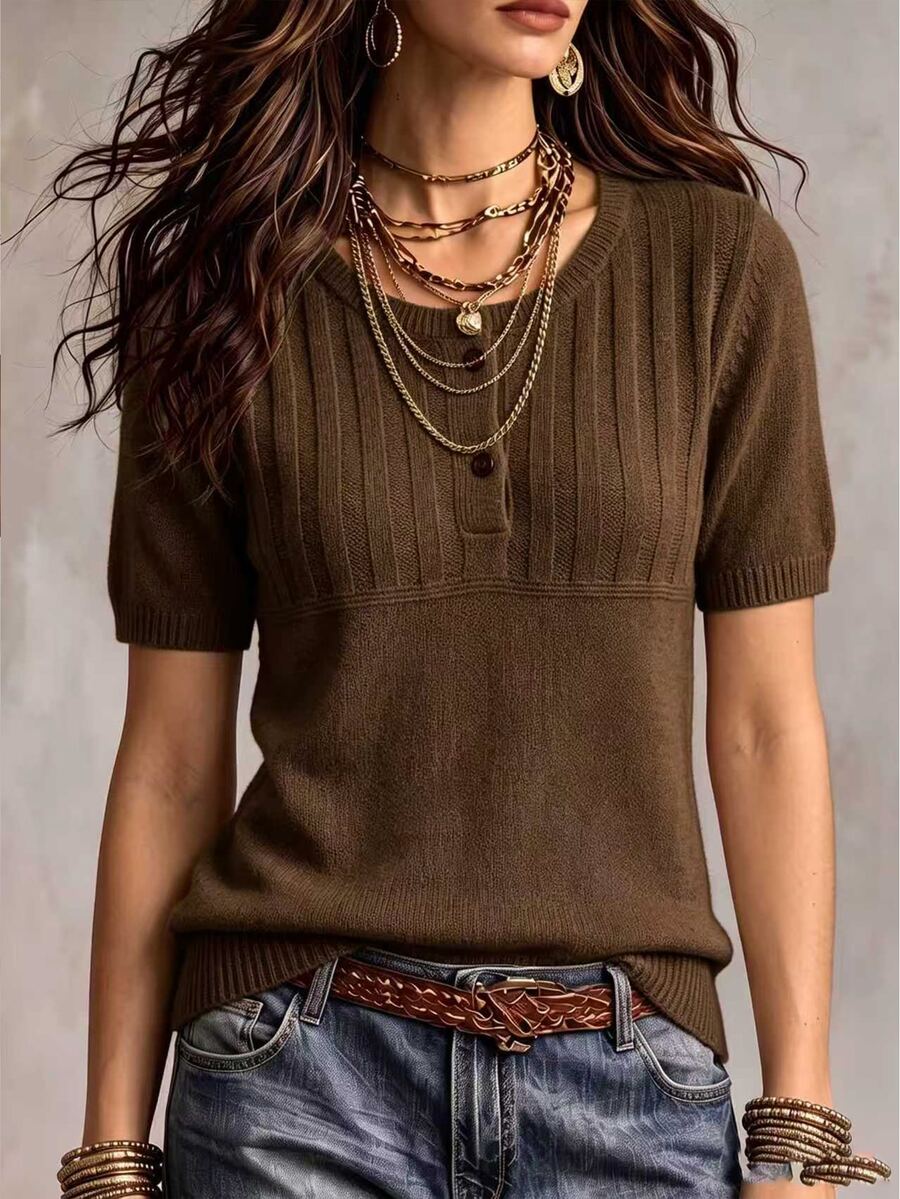 Marielle Textured Knit Half-Button Short Sleeve Sweater Top - Brown