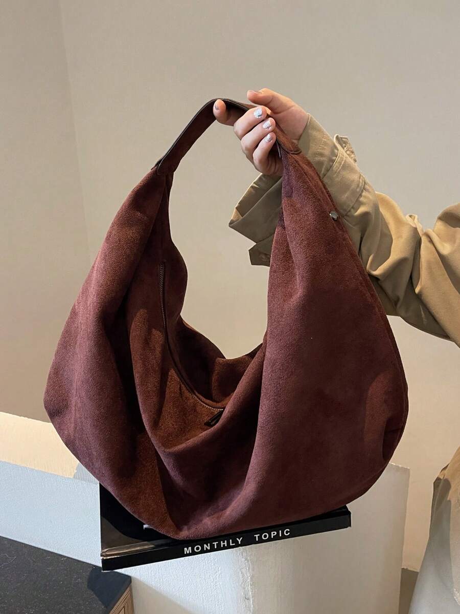 Women's Slouchy Hobo Shoulder Bag, Faux Suede Zip Top Purse for Everyday and Travel