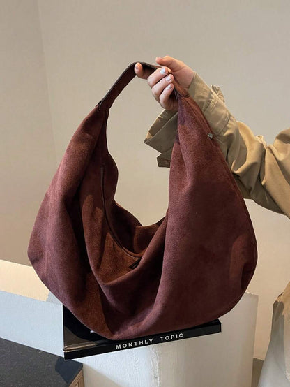 Women's Slouchy Hobo Shoulder Bag, Faux Suede Zip Top Purse for Everyday and Travel