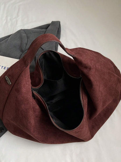 Women's Slouchy Hobo Shoulder Bag, Faux Suede Zip Top Purse for Everyday and Travel
