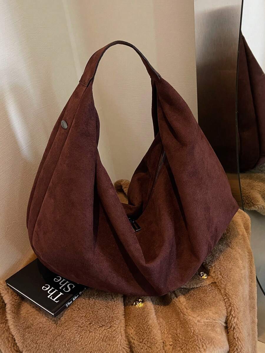 Women's Slouchy Hobo Shoulder Bag, Faux Suede Zip Top Purse for Everyday and Travel