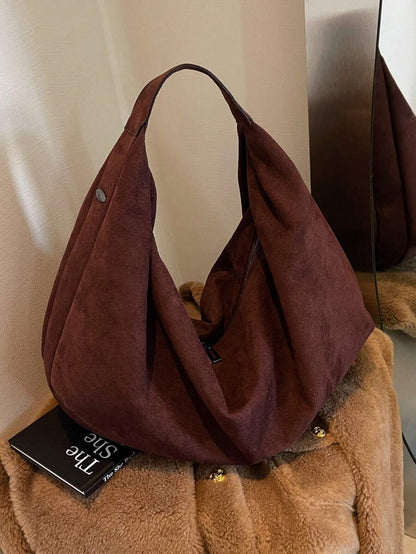 Women's Slouchy Hobo Shoulder Bag, Faux Suede Zip Top Purse for Everyday and Travel