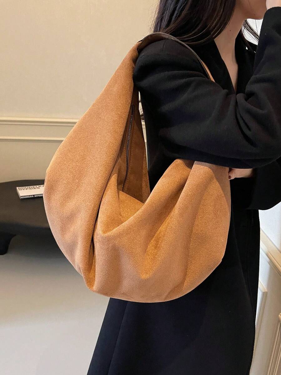 Women's Slouchy Hobo Shoulder Bag, Faux Suede Zip Top Purse for Everyday and Travel