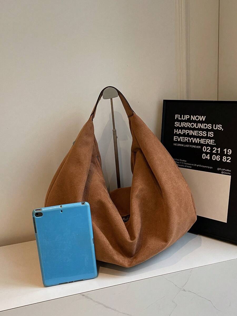 Women's Slouchy Hobo Shoulder Bag, Faux Suede Zip Top Purse for Everyday and Travel