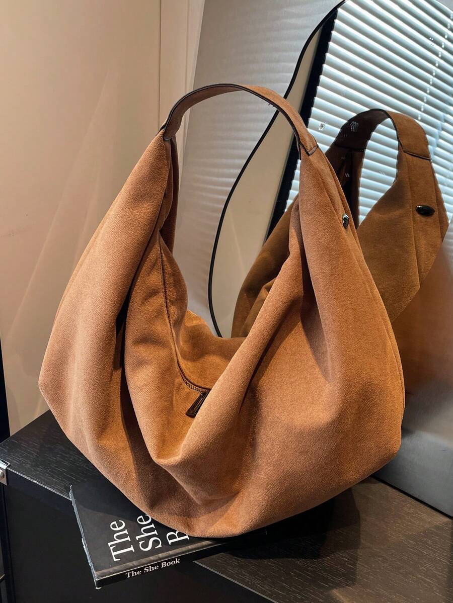 Women's Slouchy Hobo Shoulder Bag, Faux Suede Zip Top Purse for Everyday and Travel