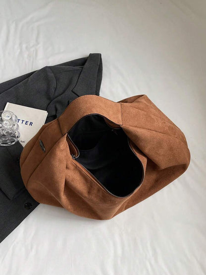 Women's Slouchy Hobo Shoulder Bag, Faux Suede Zip Top Purse for Everyday and Travel