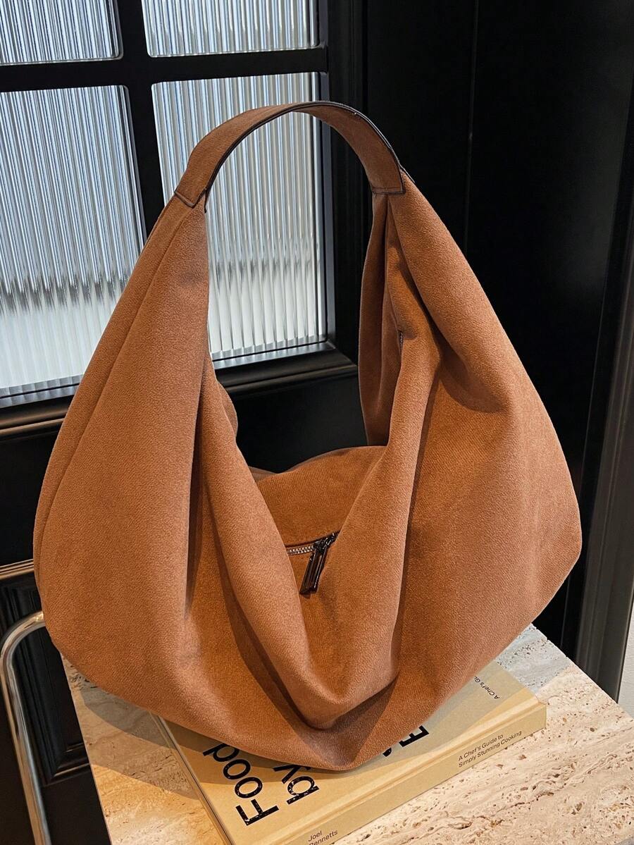 Women's Slouchy Hobo Shoulder Bag, Faux Suede Zip Top Purse for Everyday and Travel