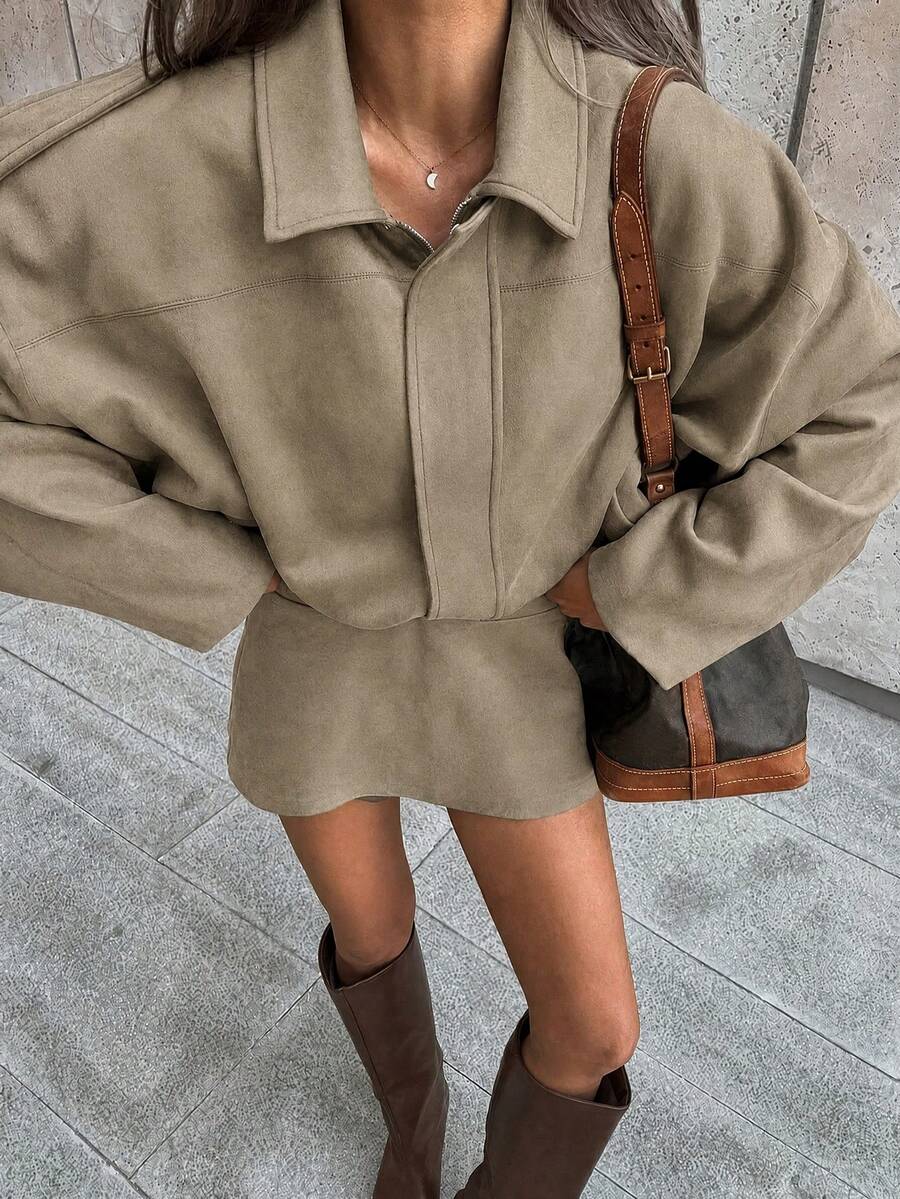 Sabrina Faux Suede Oversized Cropped Collared Jacket - Taupe