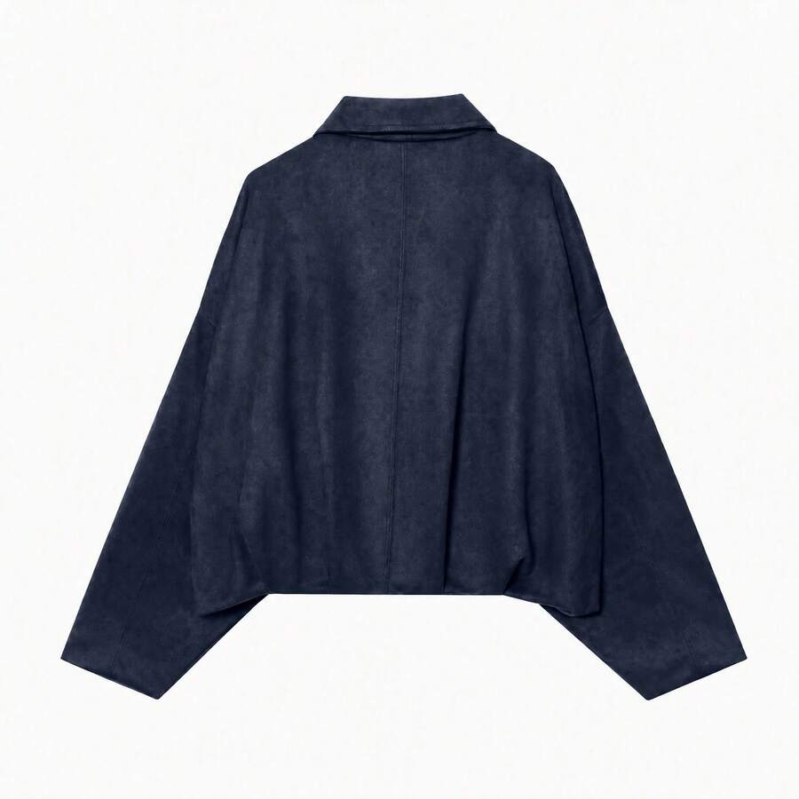 Sabrina Faux Suede Oversized Cropped Collared Jacket - Navy Blue