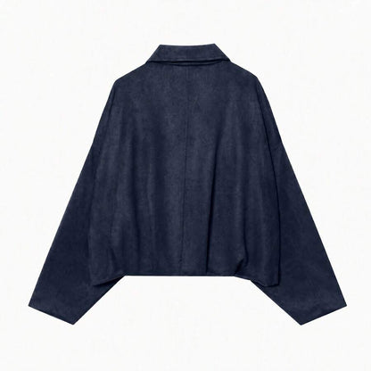 Sabrina Faux Suede Oversized Cropped Collared Jacket - Navy Blue