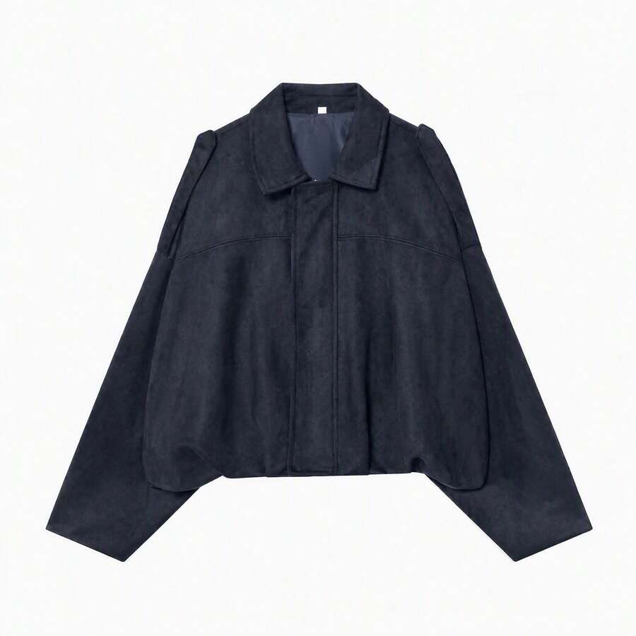 Sabrina Faux Suede Oversized Cropped Collared Jacket - Navy Blue