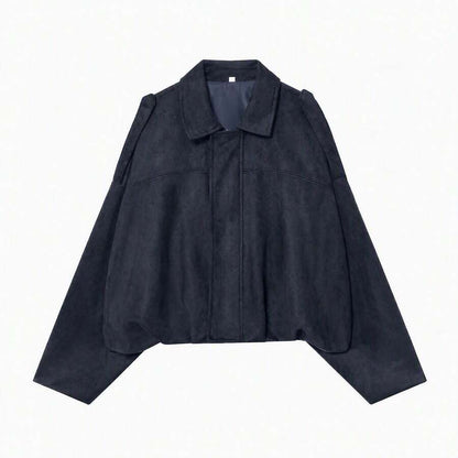 Sabrina Faux Suede Oversized Cropped Collared Jacket - Navy Blue