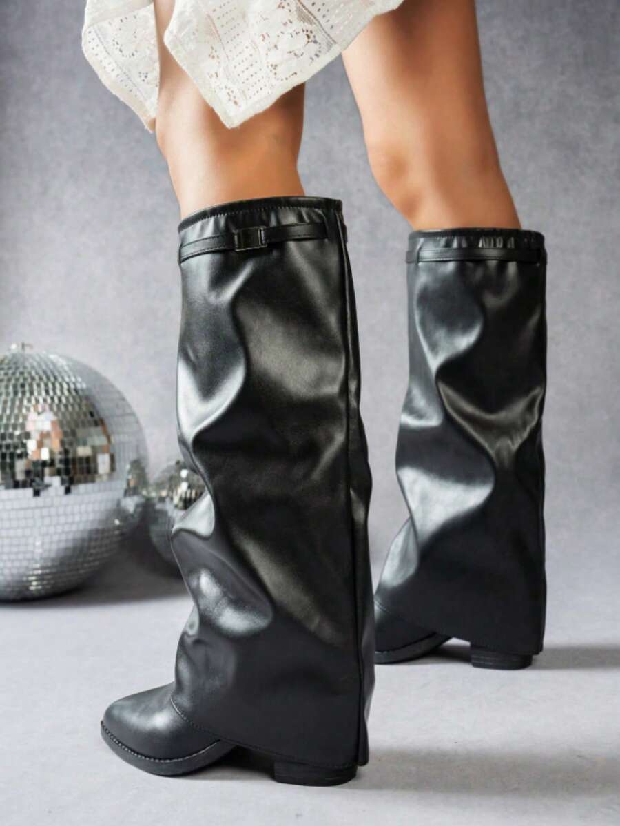 Women's Pleated Loose Boots, Fashion Thick High Heel Pointed Toe Knee-High Dress Boots, Punk Pleated Brown Boots Suitable For Daily, Festival, Versatile,Cowboy Boots Mensa