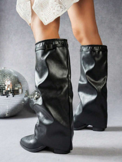Women's Pleated Loose Boots, Fashion Thick High Heel Pointed Toe Knee-High Dress Boots, Punk Pleated Brown Boots Suitable For Daily, Festival, Versatile,Cowboy Boots Mensa