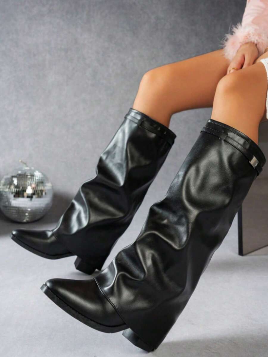 Women's Pleated Loose Boots, Fashion Thick High Heel Pointed Toe Knee-High Dress Boots, Punk Pleated Brown Boots Suitable For Daily, Festival, Versatile,Cowboy Boots Mensa