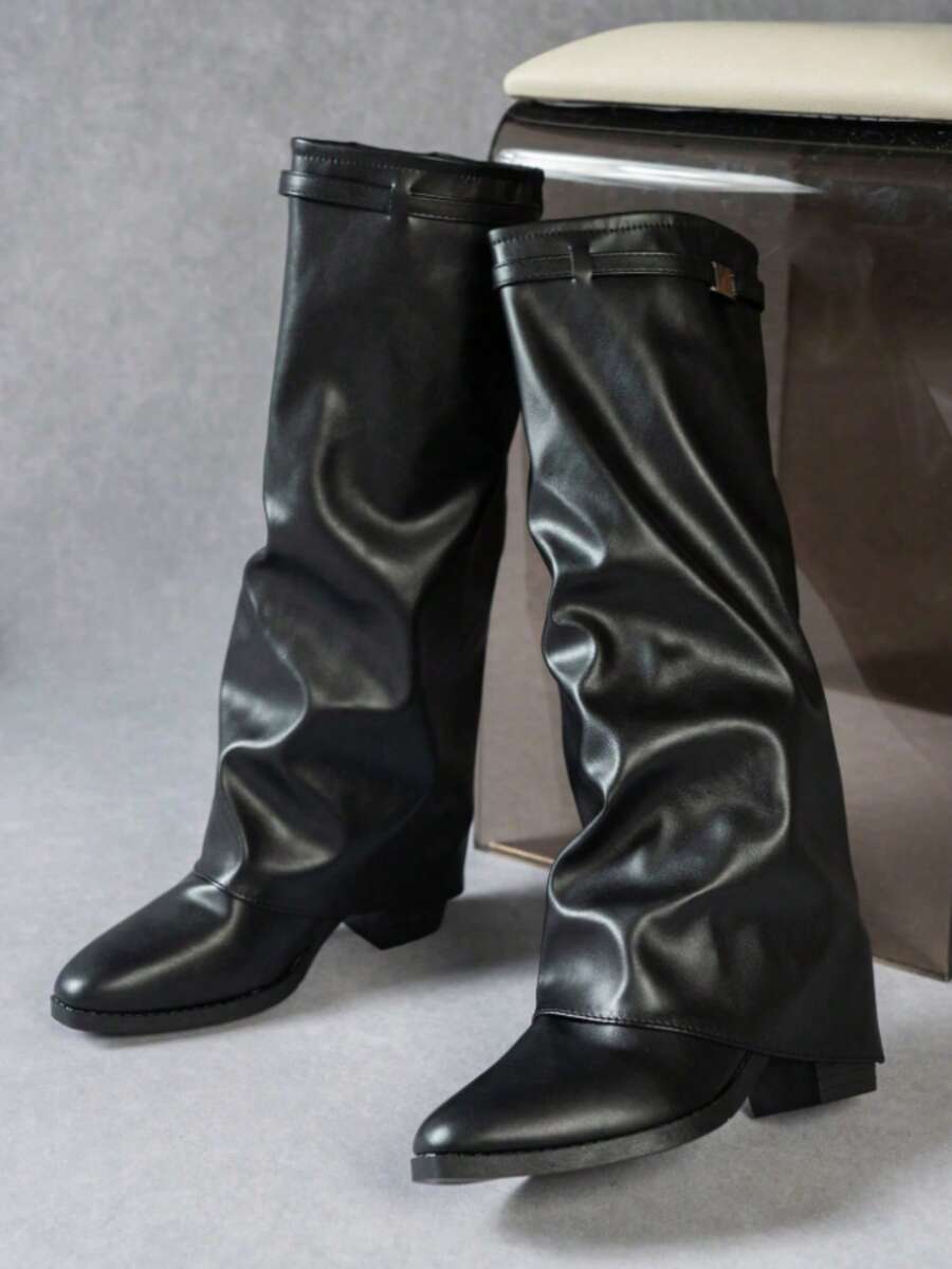 Women's Pleated Loose Boots, Fashion Thick High Heel Pointed Toe Knee-High Dress Boots, Punk Pleated Brown Boots Suitable For Daily, Festival, Versatile,Cowboy Boots Mensa
