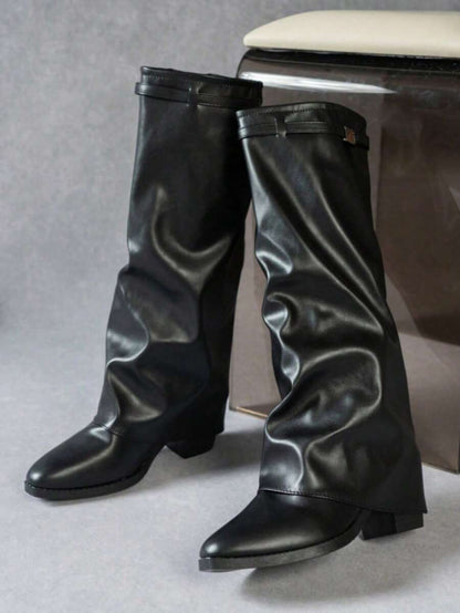 Women's Pleated Loose Boots, Fashion Thick High Heel Pointed Toe Knee-High Dress Boots, Punk Pleated Brown Boots Suitable For Daily, Festival, Versatile,Cowboy Boots Mensa