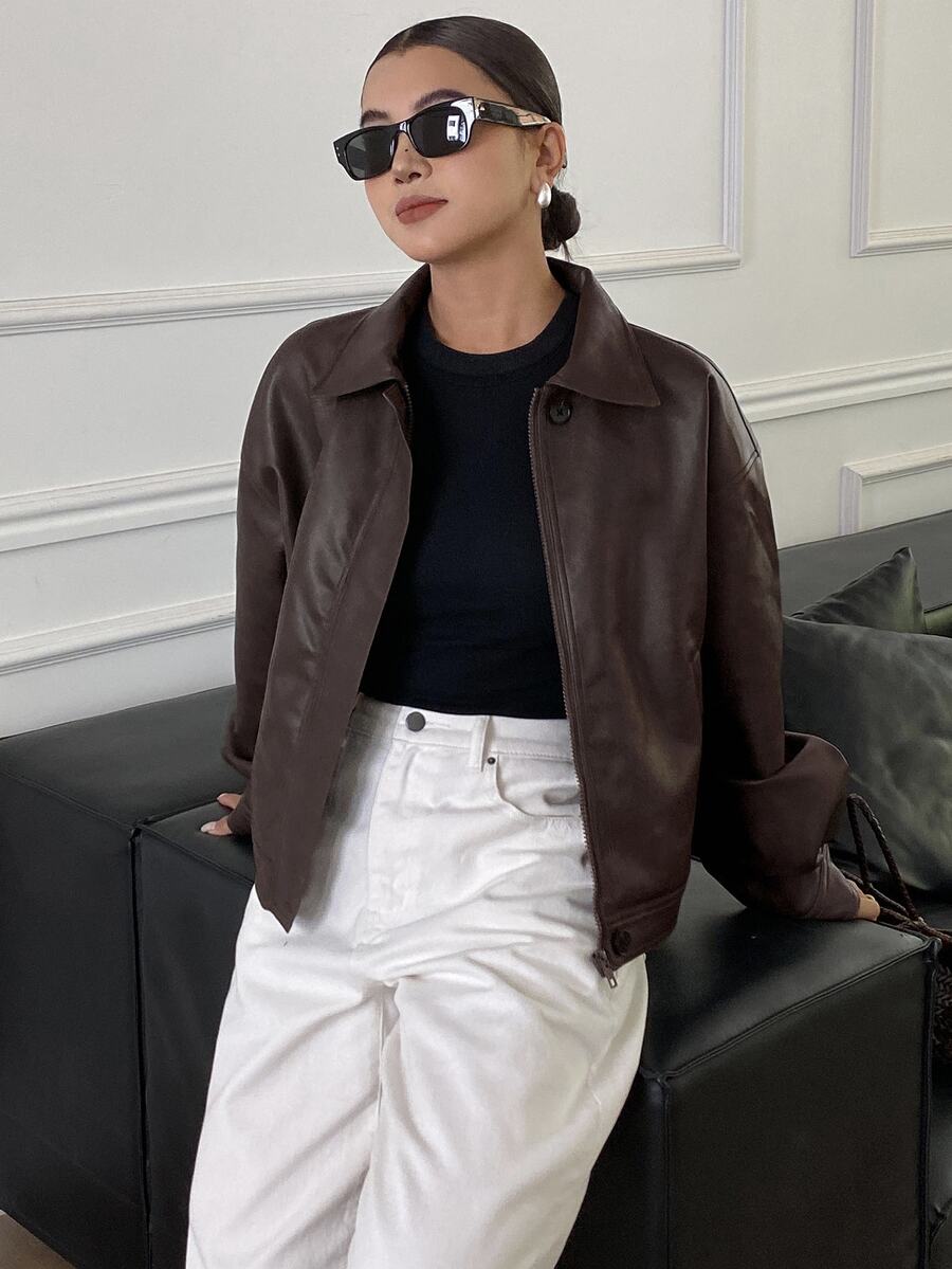 Brielle Thickened PU Faux Leather Loose Outerwear Jacket - Maroon