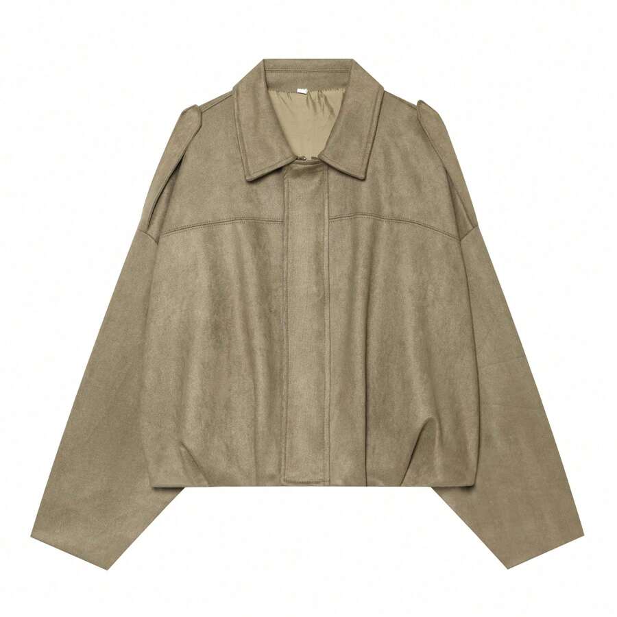Sabrina Faux Suede Oversized Cropped Collared Jacket - Taupe