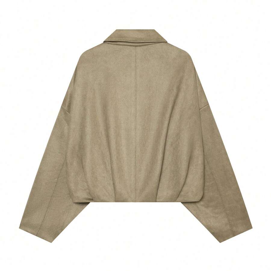 Sabrina Faux Suede Oversized Cropped Collared Jacket - Taupe