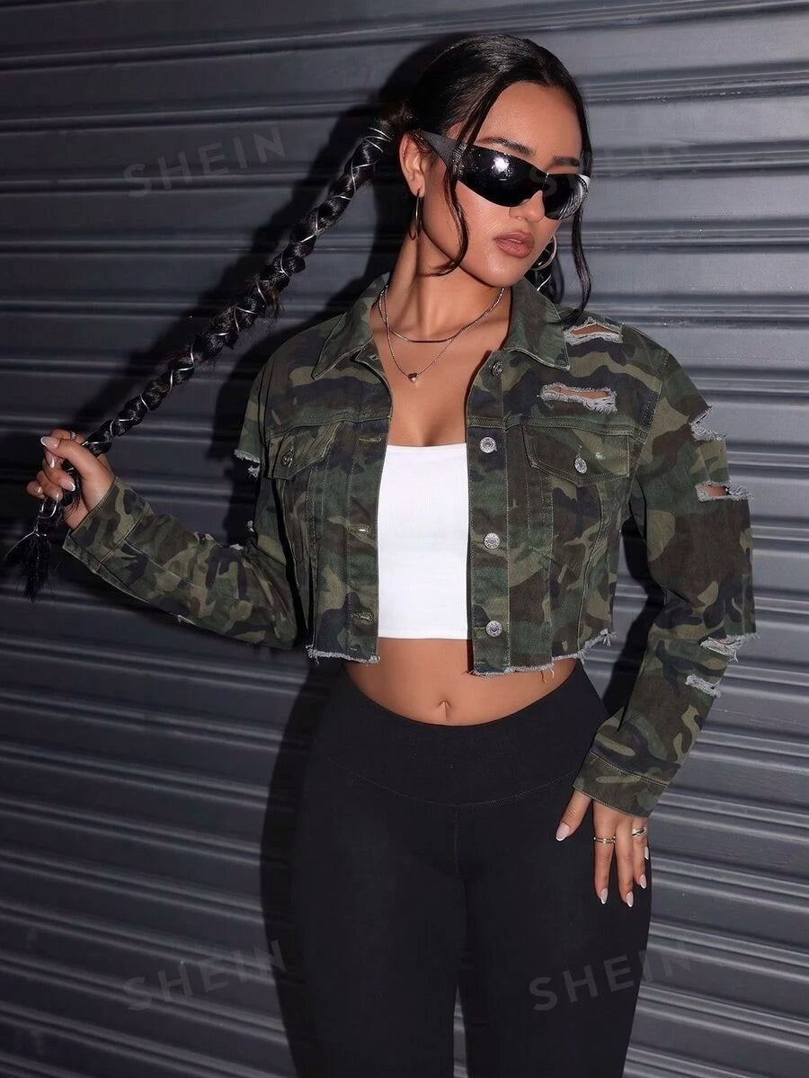 Celeste Distressed Crop Frayed Denim Jacket - Dark Grey