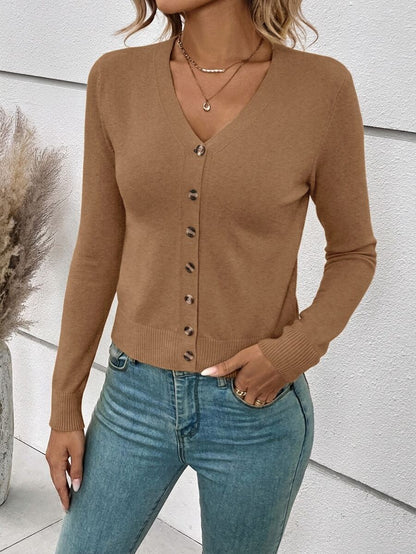 Georgiana Slim Ribbed V-Neck Button Front Knit Cardigan - Camel