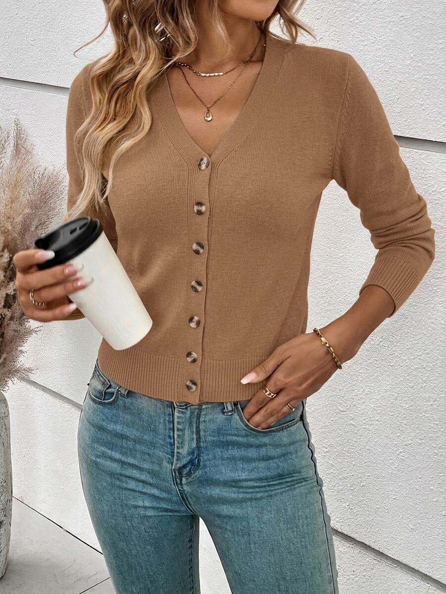 Georgiana Slim Ribbed V-Neck Button Front Knit Cardigan - Camel