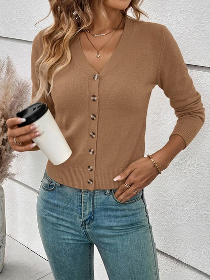 Georgiana Slim Ribbed V-Neck Button Front Knit Cardigan - Camel