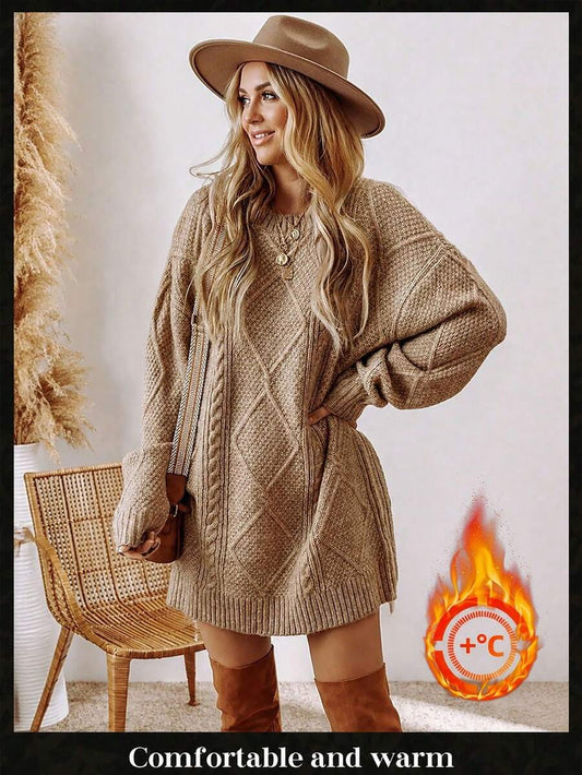 Alina Oversized Cable Knit Sweater Dress - Khaki