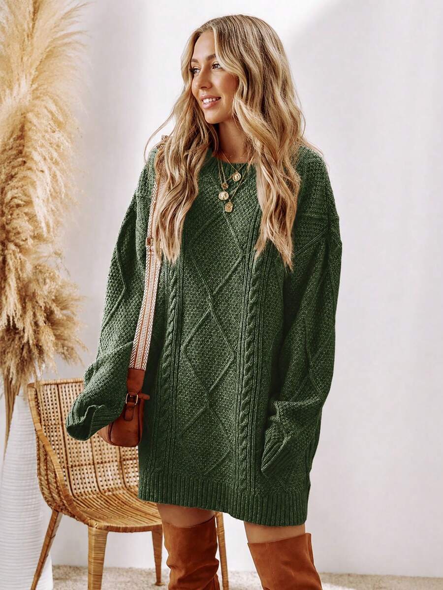 Alina Oversized Cable Knit Sweater Dress - Olive Green
