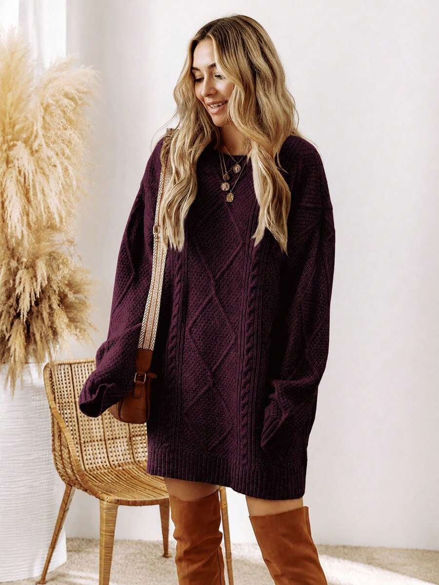 Alina Oversized Cable Knit Sweater Dress - Burgundy