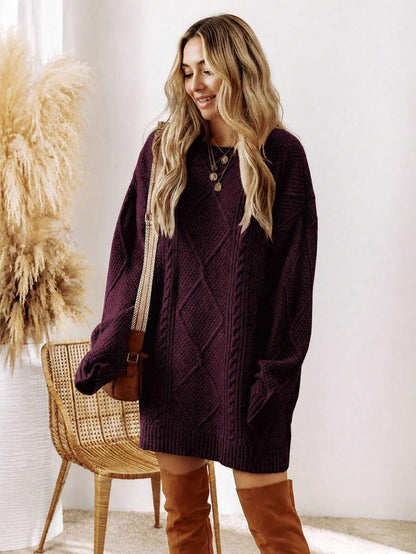 Alina Oversized Cable Knit Sweater Dress - Burgundy