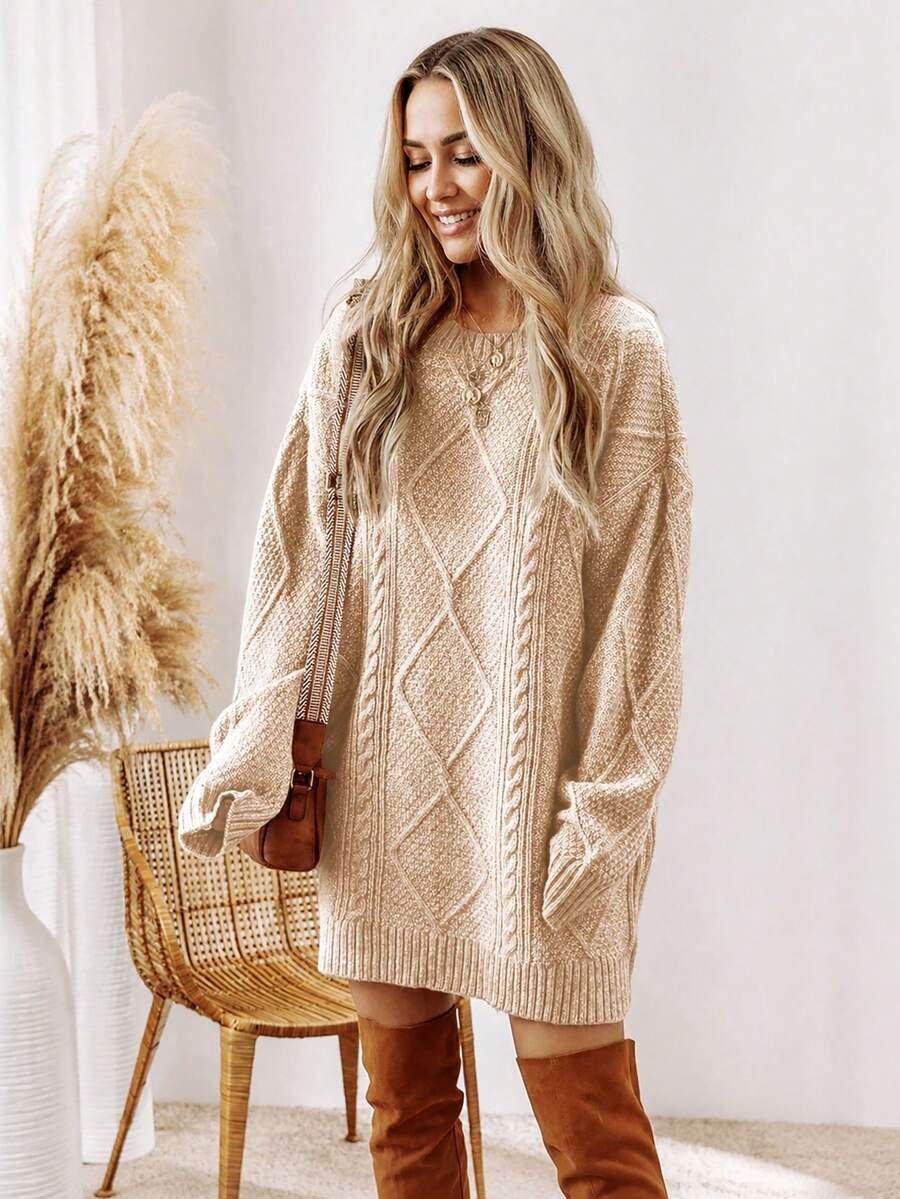 Alina Oversized Cable Knit Sweater Dress - Apricot