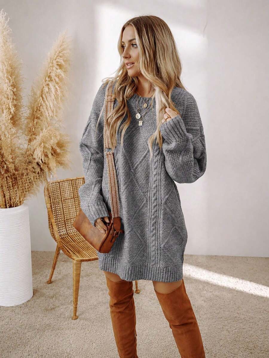 Alina Oversized Cable Knit Sweater Dress - Apricot