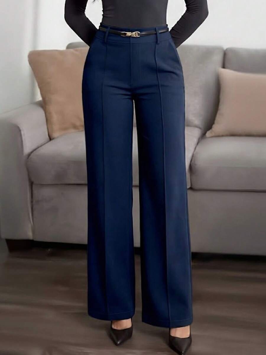 Honora High Waist Seamed Straight Leg Trousers - Navy Blue