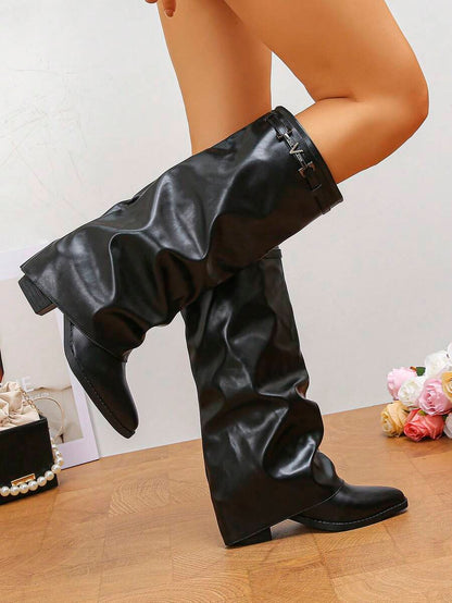 Spello Fold Over Knee High Boots with Pointed Toe – Women's Pleated Faux Leather Slouch Dress Boots with Block Heel Mensa