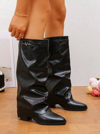 Spello Fold Over Knee High Boots with Pointed Toe – Women's Pleated Faux Leather Slouch Dress Boots with Block Heel Mensa