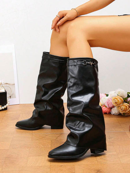 Spello Fold Over Knee High Boots with Pointed Toe – Women's Pleated Faux Leather Slouch Dress Boots with Block Heel Mensa